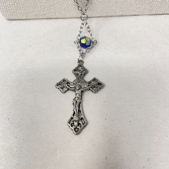 Vintage Aurora Borealis Beaded Rosary Necklace Blue Glass Long Christianity - Picture 2 of 14